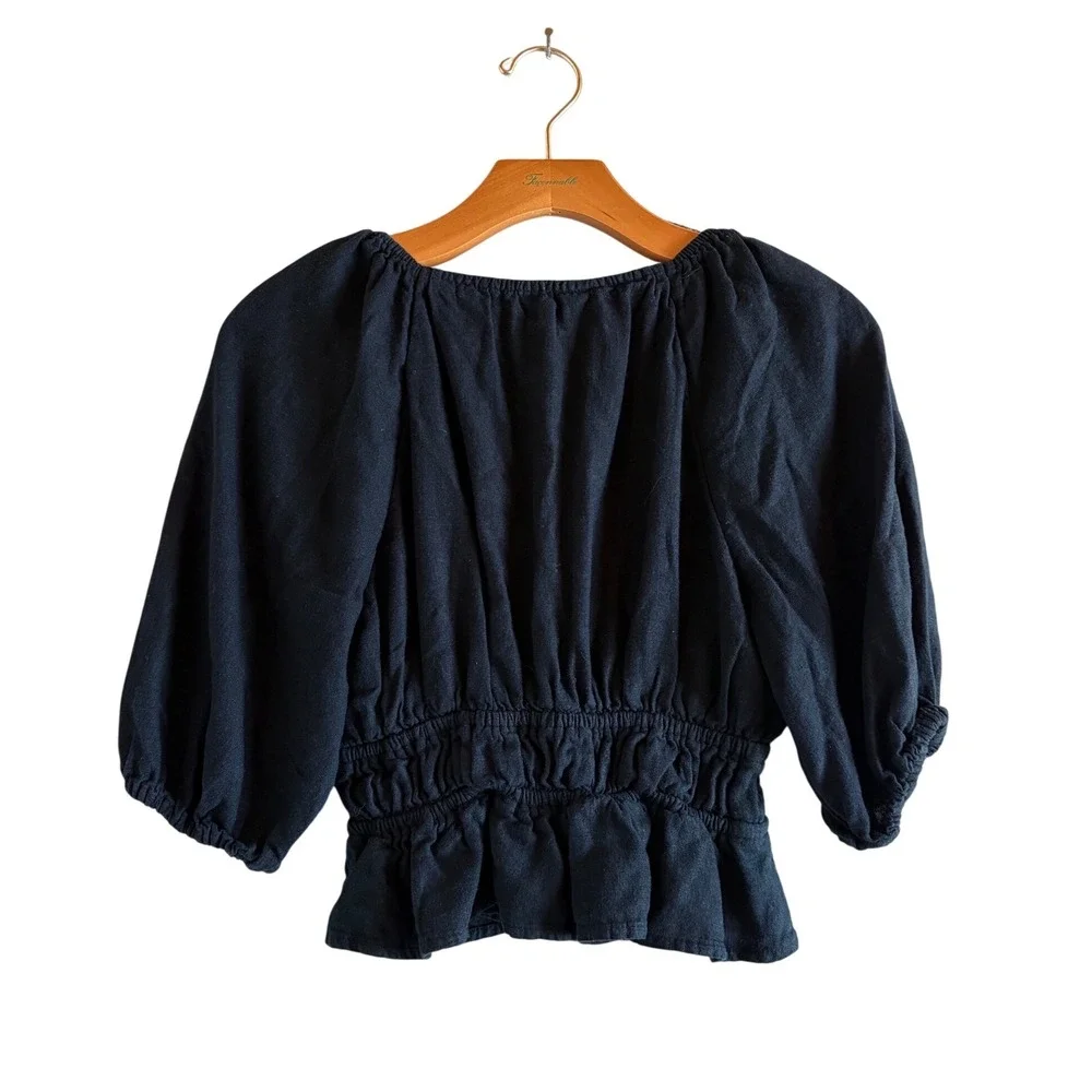 Abercrombie & Fitch Black Linen Blend Puff Sleeve Smocked Peplum Blouse‎ small